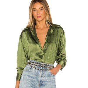 Lovers + Friends Salina Satin Button Down Top in Olive Green